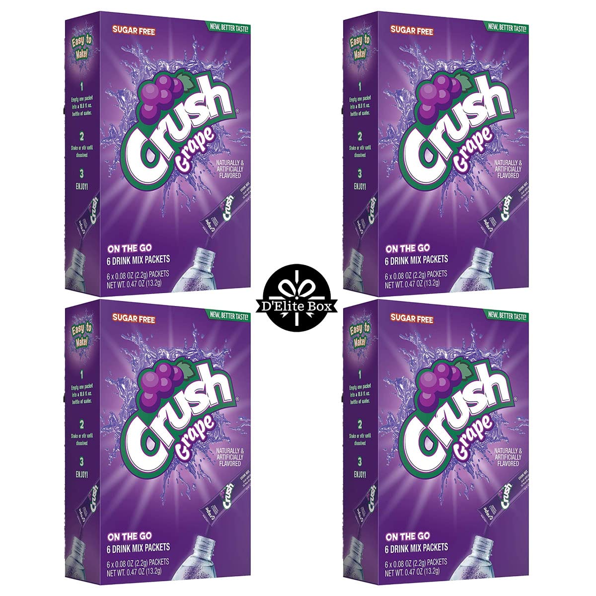 Delite Box Crush Grape boxes show zero sugar and vitamin C for a refreshing break