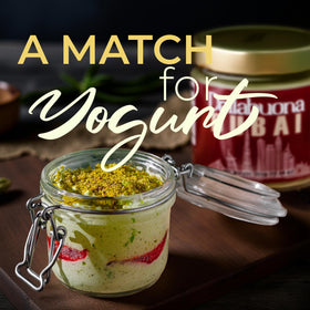 Closeup of Dellabuona Italian pistachio butter emphasizing authentic craft and vibrant color.