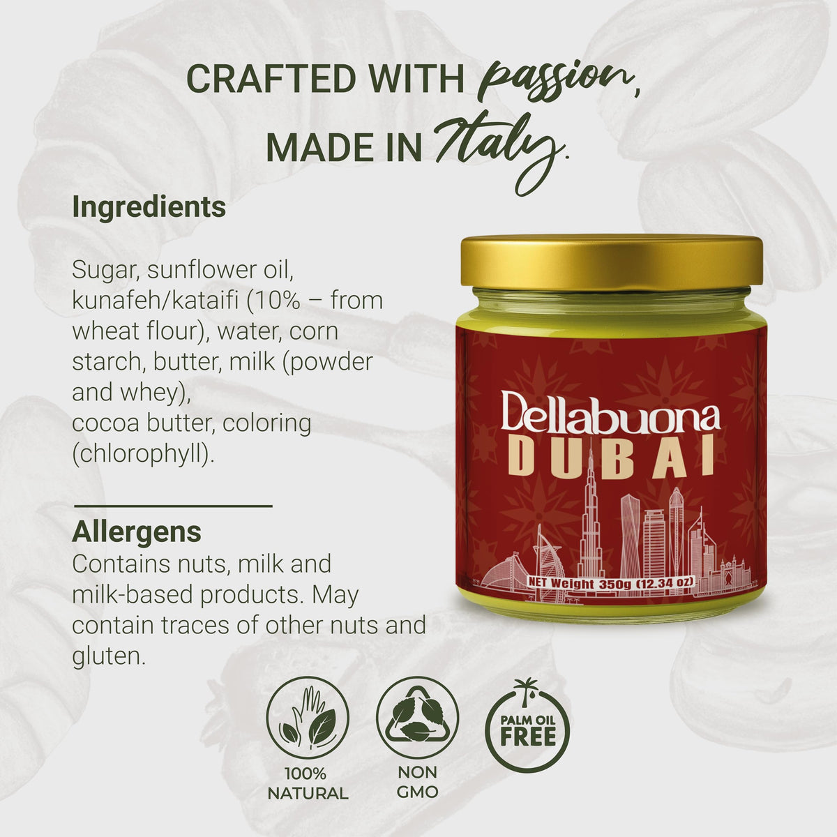 Dellabuona Pistachio Cream with Dubai chocolate filling ready for premium home desserts.