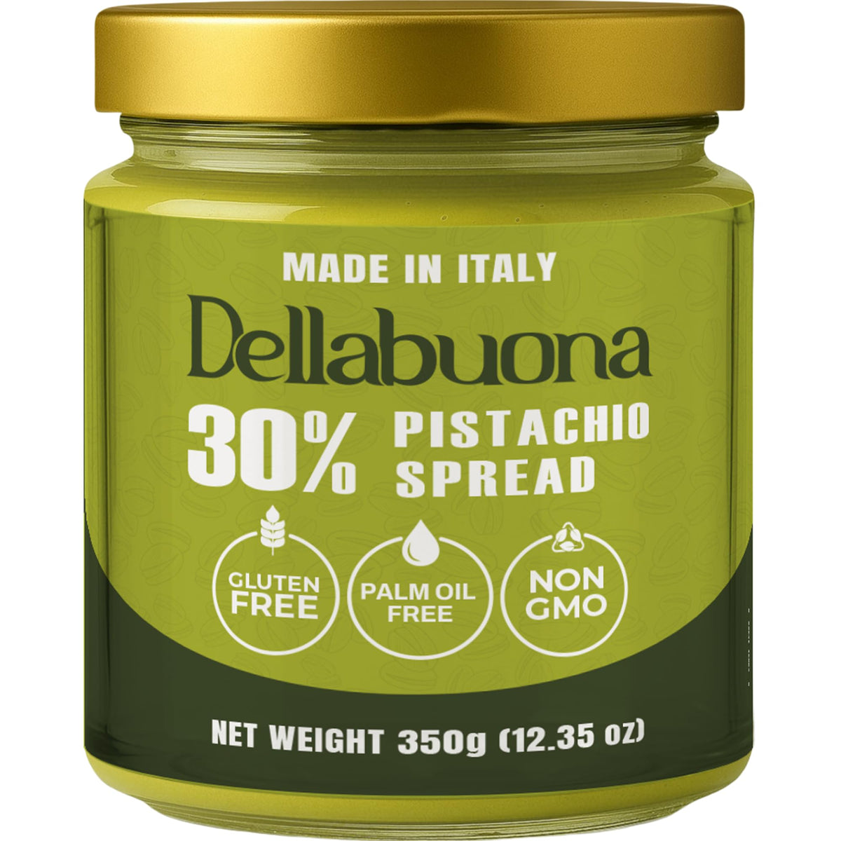 Dellabuona pistachio cream jar showcases rich 30% pistachios for premium flavor.