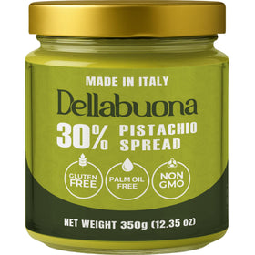 Dellabuona pistachio cream jar showcases rich 30% pistachios for premium flavor.