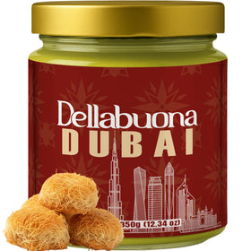 Dellabuona Pistachio Cream with kataifi swirl on a board, ideal for gourmet dessert inspiration.