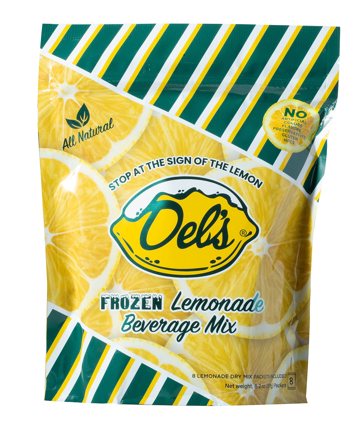 Del's Lemonade 8-packet pouch all-natural frozen mix for quick refreshing lemonade.
