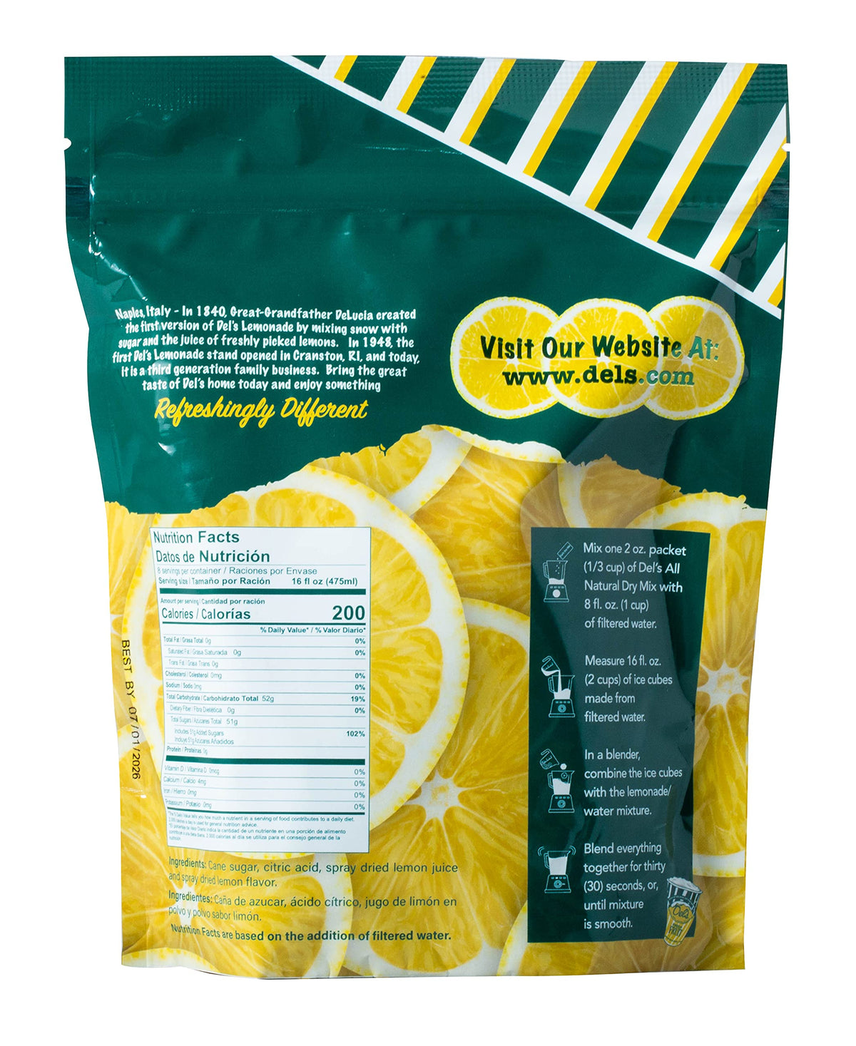 Del's Lemonade dry mix packets in a resealable pouch for easy, homemade lemonade.