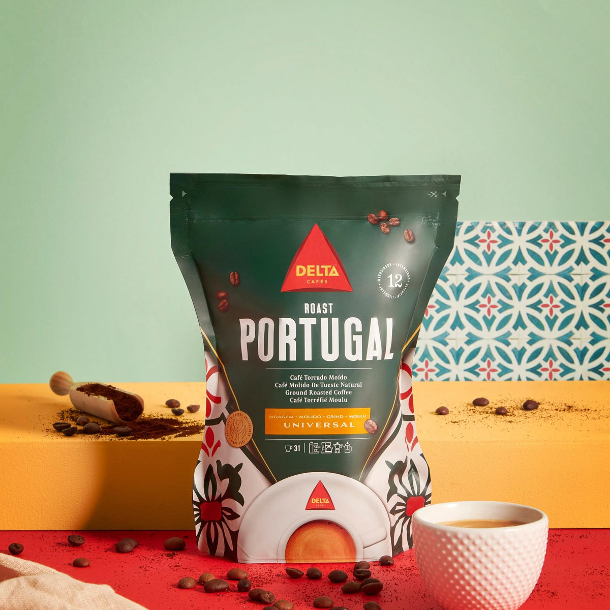 Delta Cafés Portugal ground coffee beans close-up, natural roast notes visible