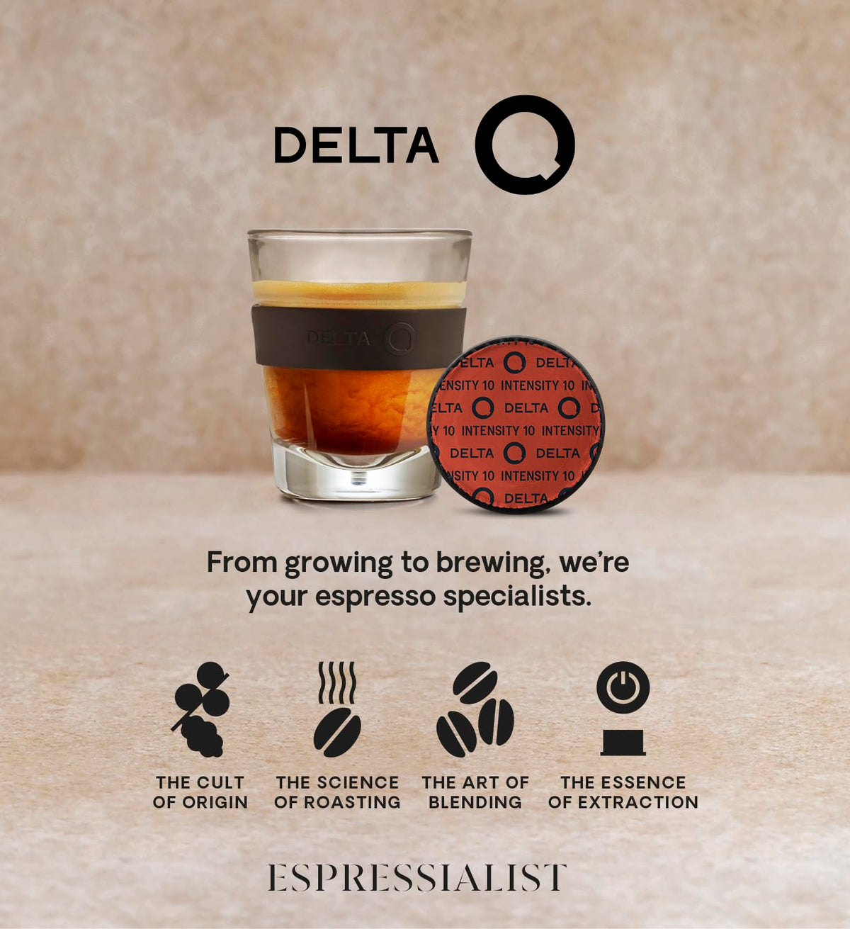 Delta Q Qalidus pod cup espresso close-up, bold taste