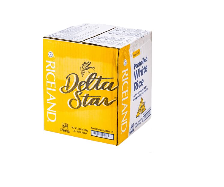 Delta Star parboiled rice 25lb bag with fluffy, separate grains for pilaf.