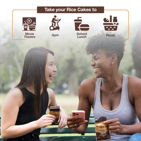 Deluxe & Bla Bla 28g rice cake nutrition label highlights low-calorie option.