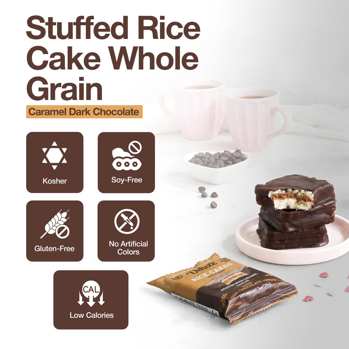 Deluxe & Bla Bla caramel-filled dark chocolate rice cake close-up shows indulgent flavor.