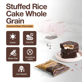 Deluxe & Bla Bla caramel-filled dark chocolate rice cake close-up shows indulgent flavor.
