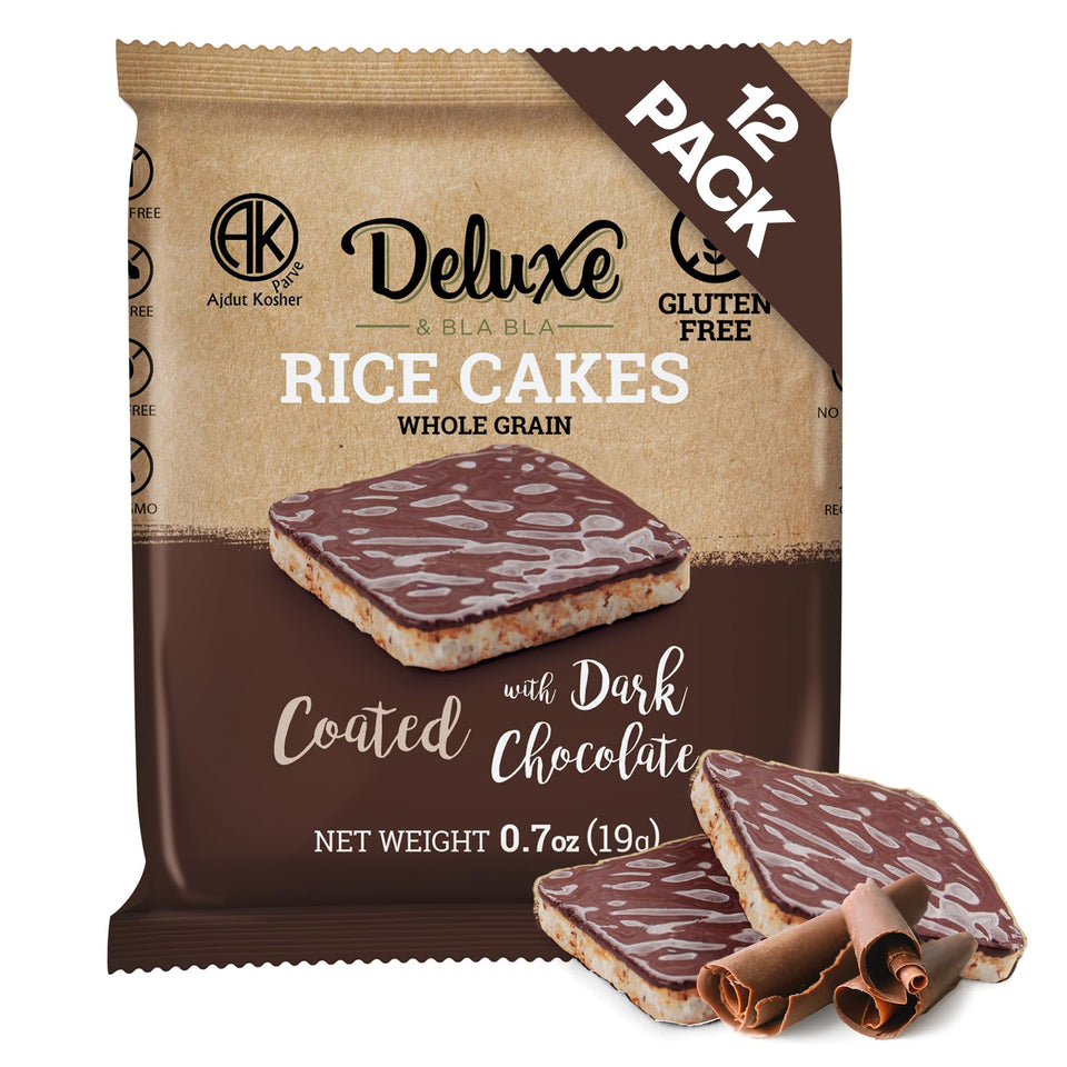 Deluxe & Bla Bla chocolate-covered rice cakes pack front, ready for on-the-go snacking.