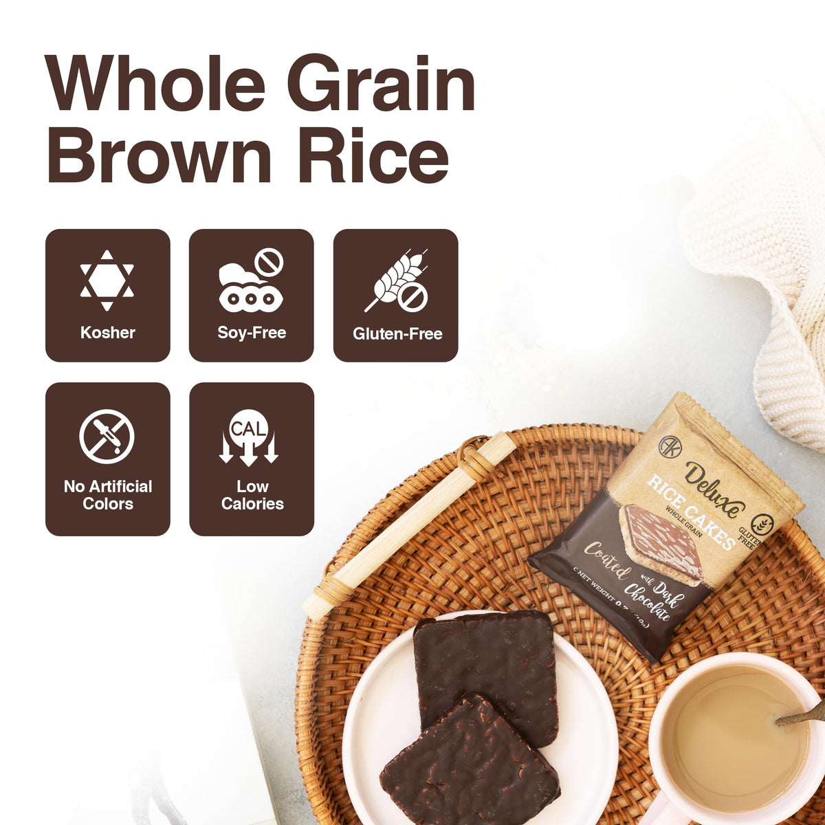 Deluxe & Bla Bla dark chocolate-coated rice cake slice, rich flavor and crisp texture.
