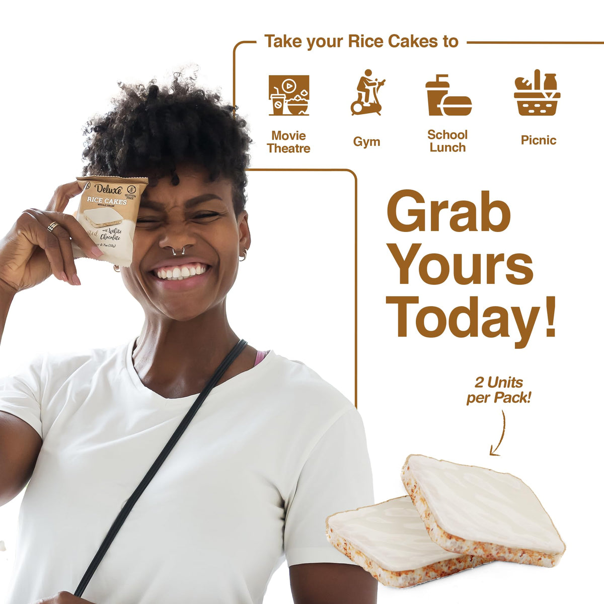 Deluxe & Bla Bla dark chocolate-coated rice cakes, bold flavor for balanced snacking.