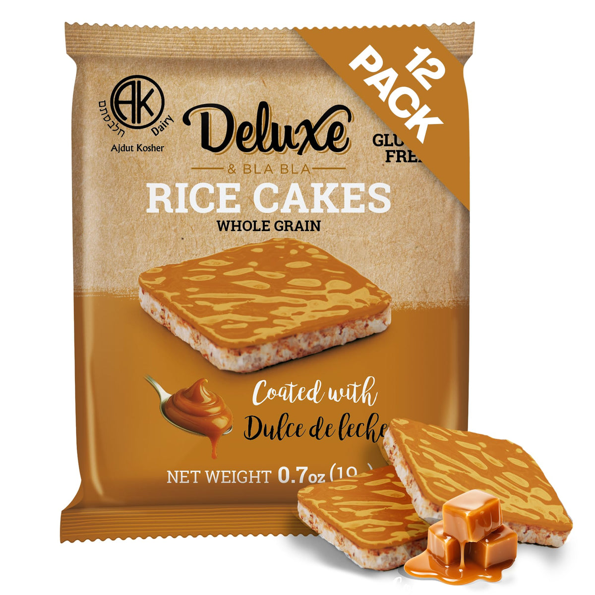 Deluxe and Bla Bla rice cakes 12-pack front packaging for on the go