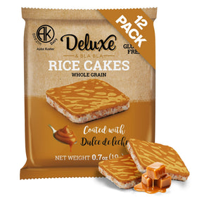 Deluxe and Bla Bla rice cakes 12-pack front packaging for on the go
