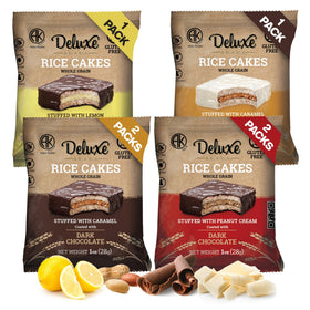 Deluxe & Bla Bla stuffed rice cake with chocolate coating, a low-calorie indulgence for anytime snacking