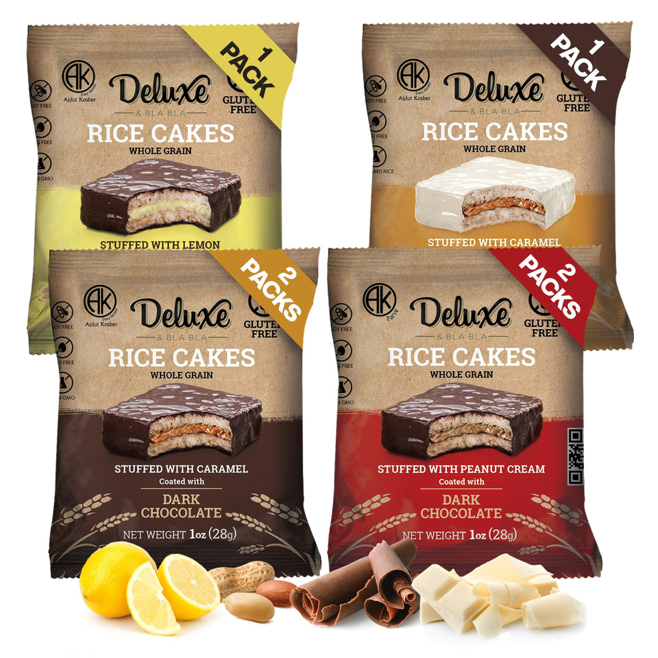 Deluxe & Bla Bla stuffed rice cake with chocolate coating, a low-calorie indulgence for anytime snacking