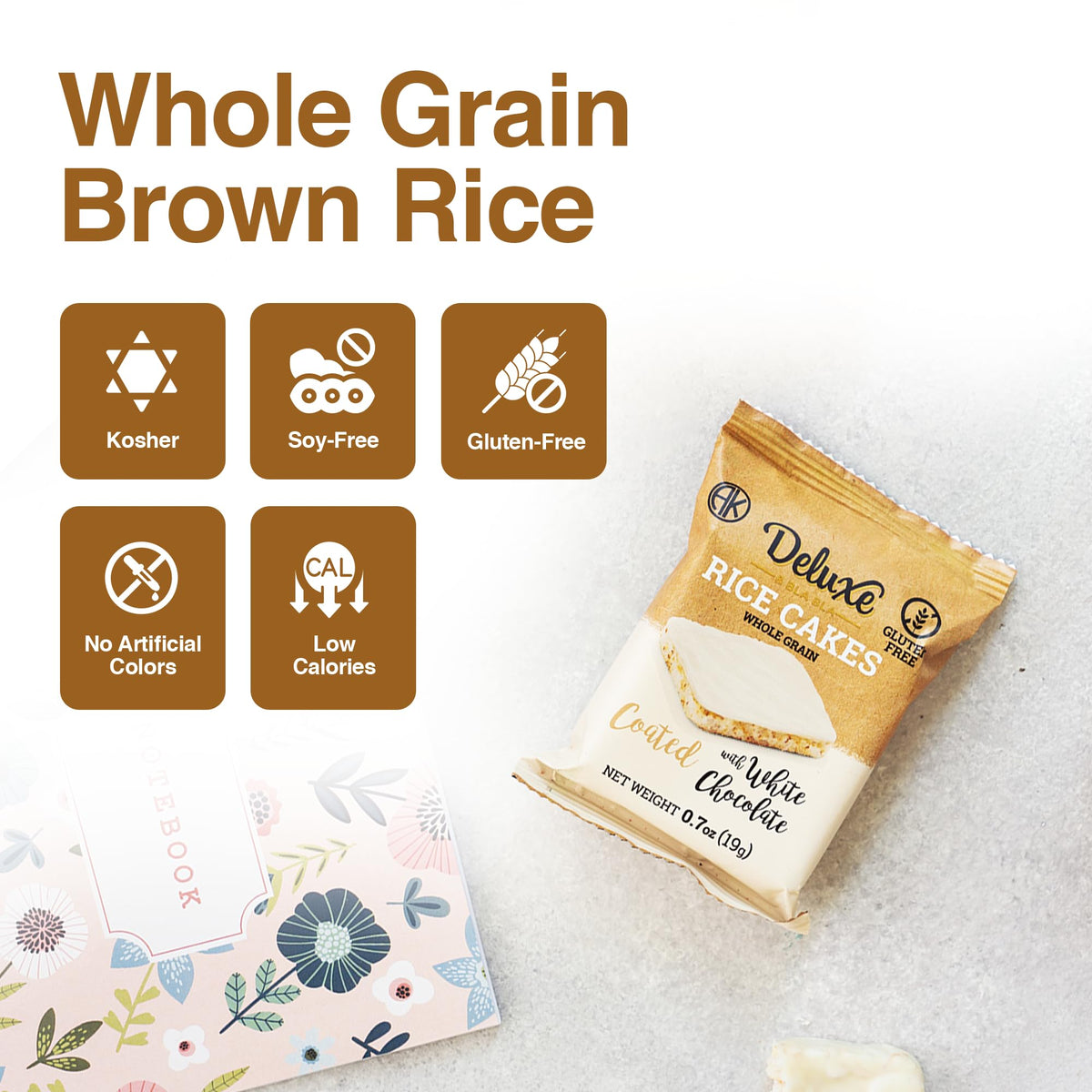 Deluxe & Bla Bla white chocolate-coated rice cakes close-up, ideal for a light treat anytime.
