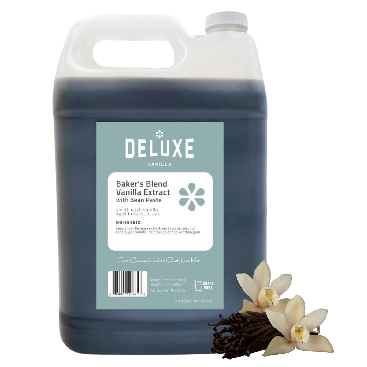 Deluxe Fine Foods vanilla bean paste bottle for bulk baking
