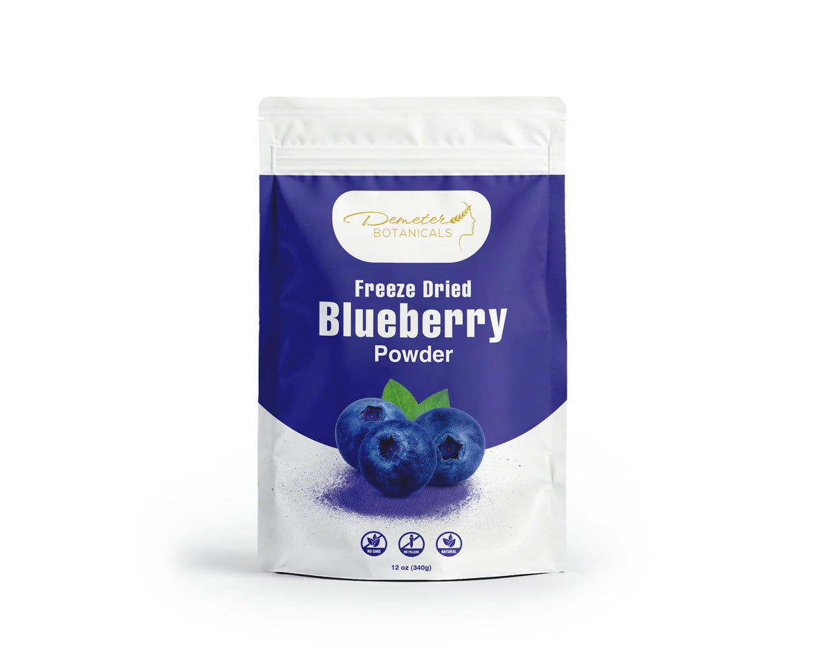 Demeter Botanicals blueberry powder bottle shows real fruit flavor for smoothies