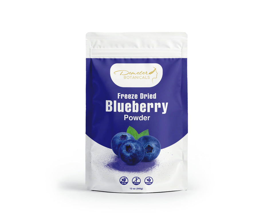 Demeter Botanicals blueberry powder bottle shows real fruit flavor for smoothies