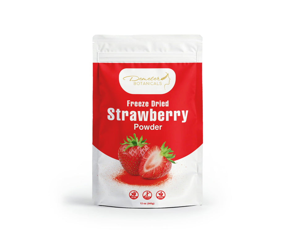 Demeter Botanicals freeze-dried strawberry powder jar adds real strawberry flavor to recipes.