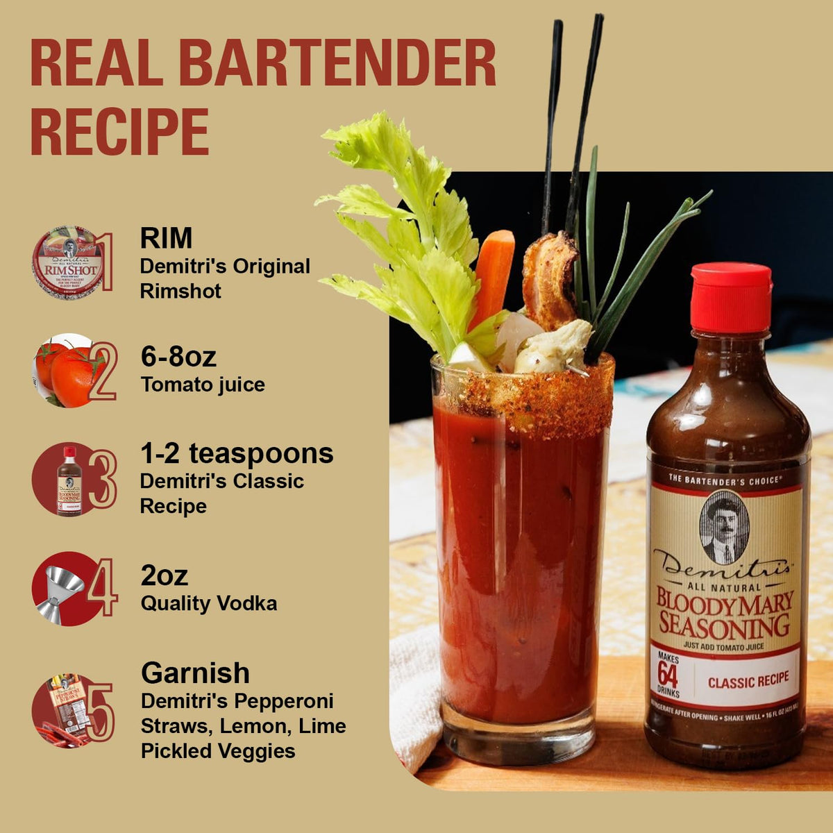 Demitri's Bloody Mary Seasoning Classic drink mixer ready for at-home bartending