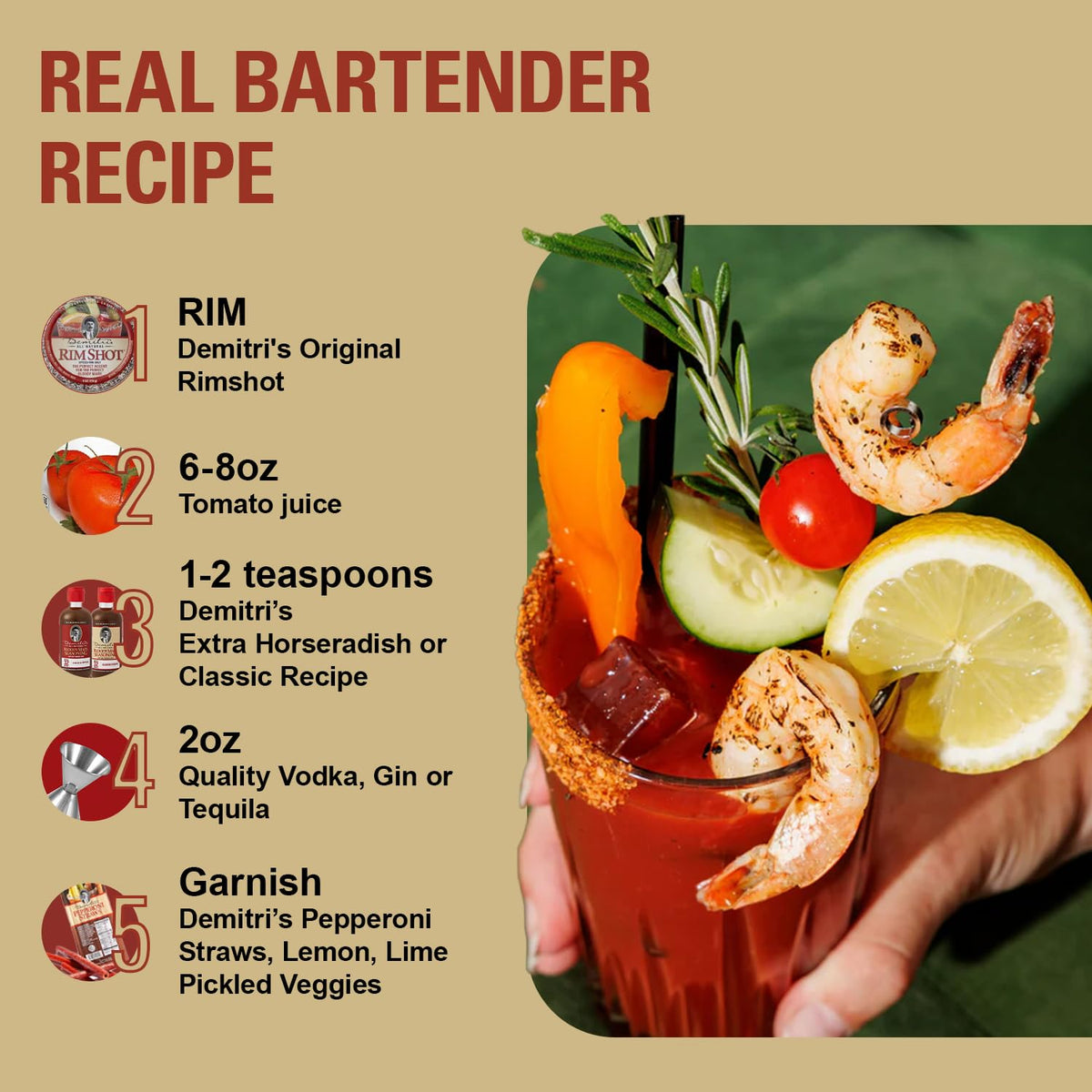 Demitri's Bloody Mary Classic label close-up highlights premium ingredients