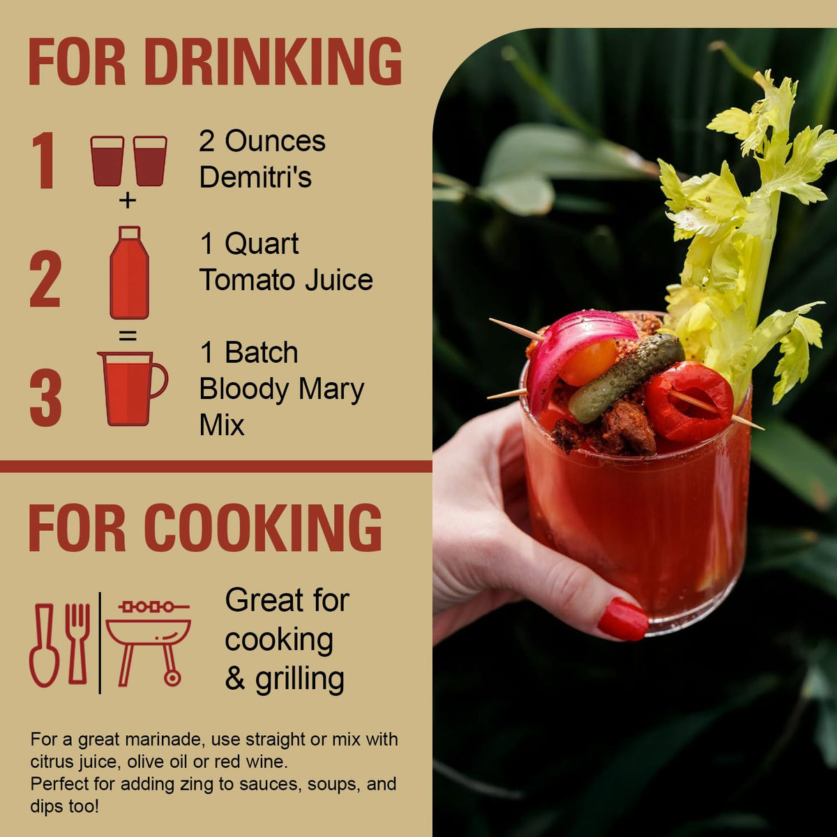 Demitri's Bloody Mary mix in a cocktail glass for flavorful drinks