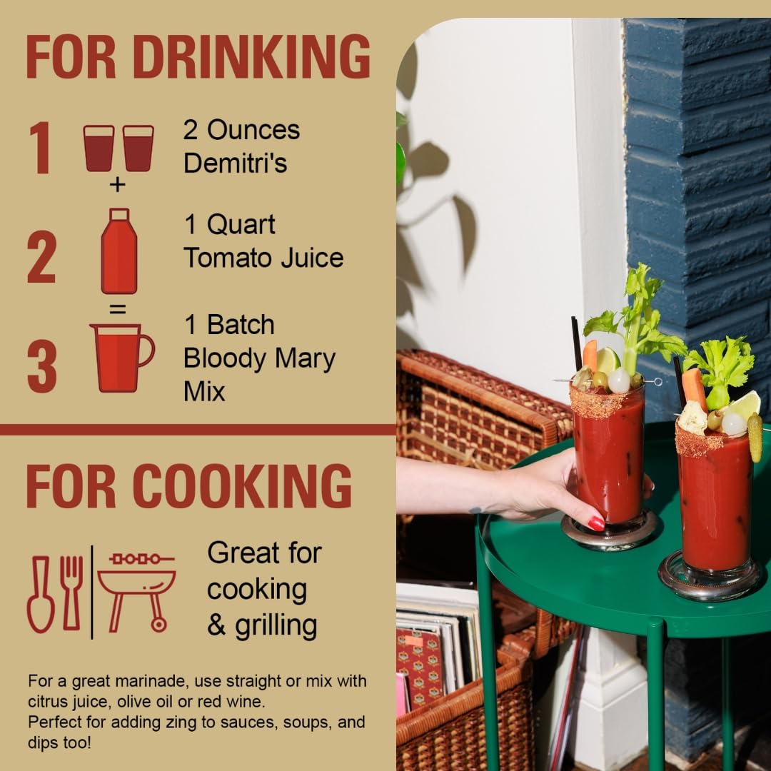 Demitri's Bloody Mary Seasoning used in cocktails or meals to elevate flavor.
