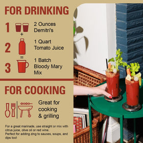 Demitri's Bloody Mary Seasoning used in cocktails or meals to elevate flavor.