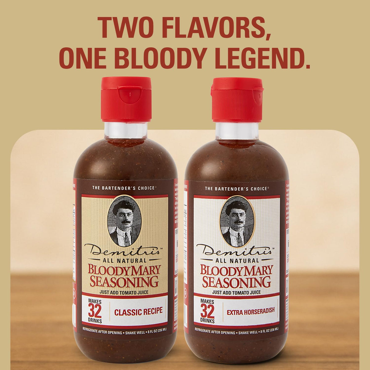 Demitri's Bloody Mary Extra Horseradish label close-up shows horseradish kick