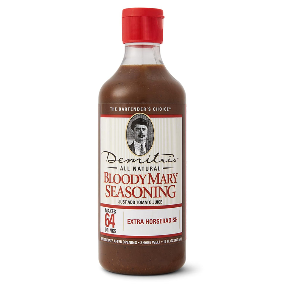 Demitri's Extra Horseradish Bloody Mary bottle on counter delivers bold bartender-quality flavor