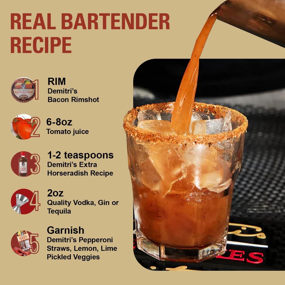 Demitri's Bloody Mary ingredients highlight horseradish, lemon, Worcestershire for robust flavor
