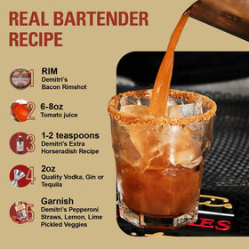 Demitri's Bloody Mary ingredients highlight horseradish, lemon, Worcestershire for robust flavor