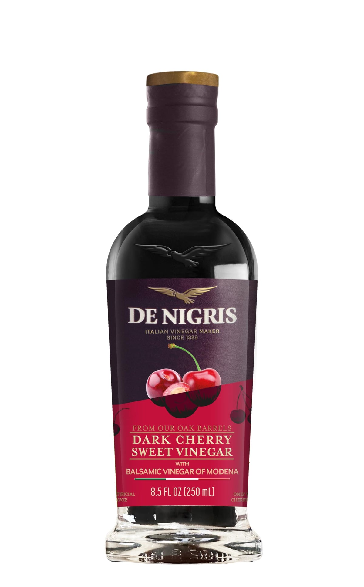 De Nigris dark cherry sweet vinegar bottle 250ml ideal for vibrant salads.