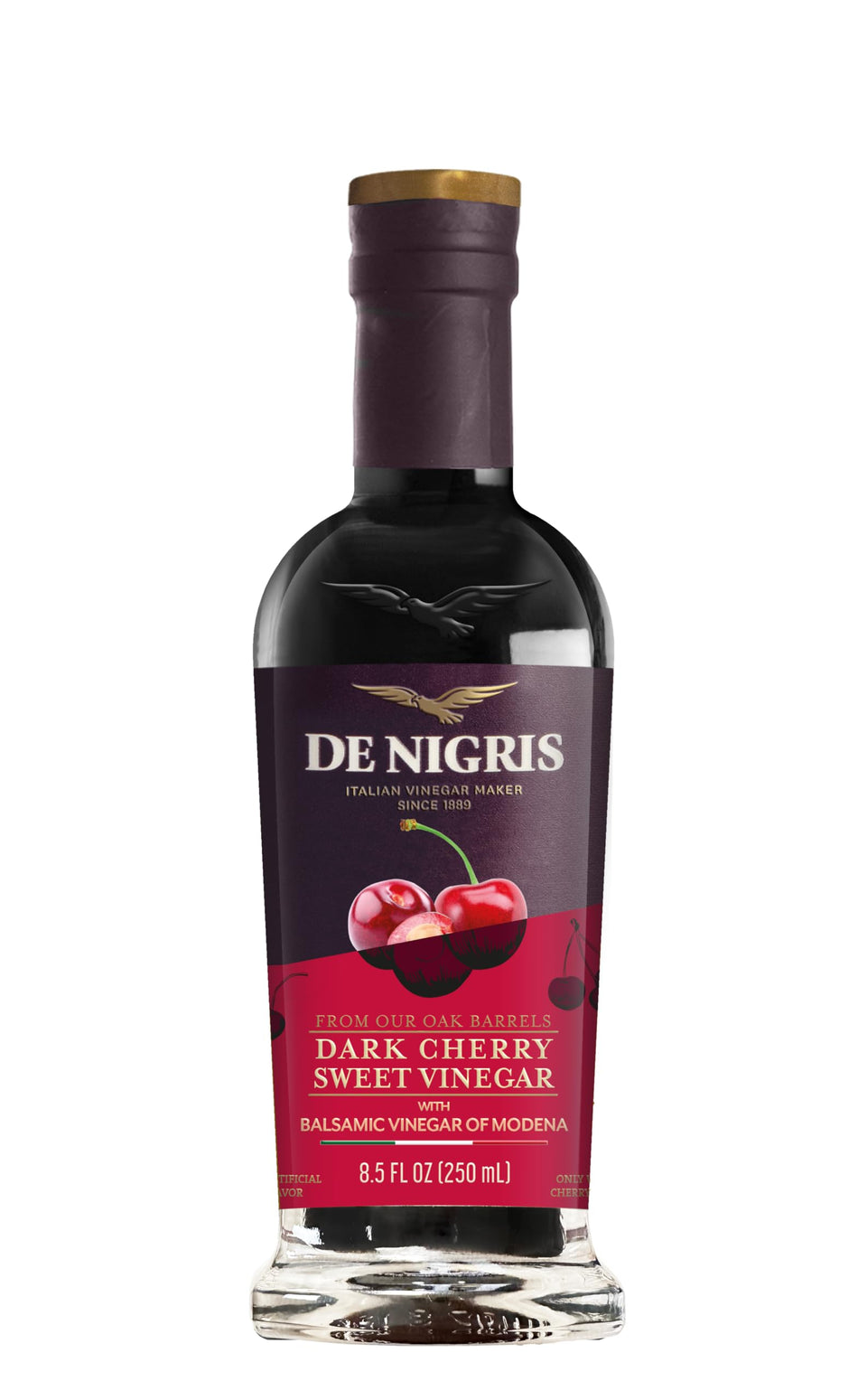 De Nigris dark cherry sweet vinegar bottle 250ml ideal for vibrant salads.