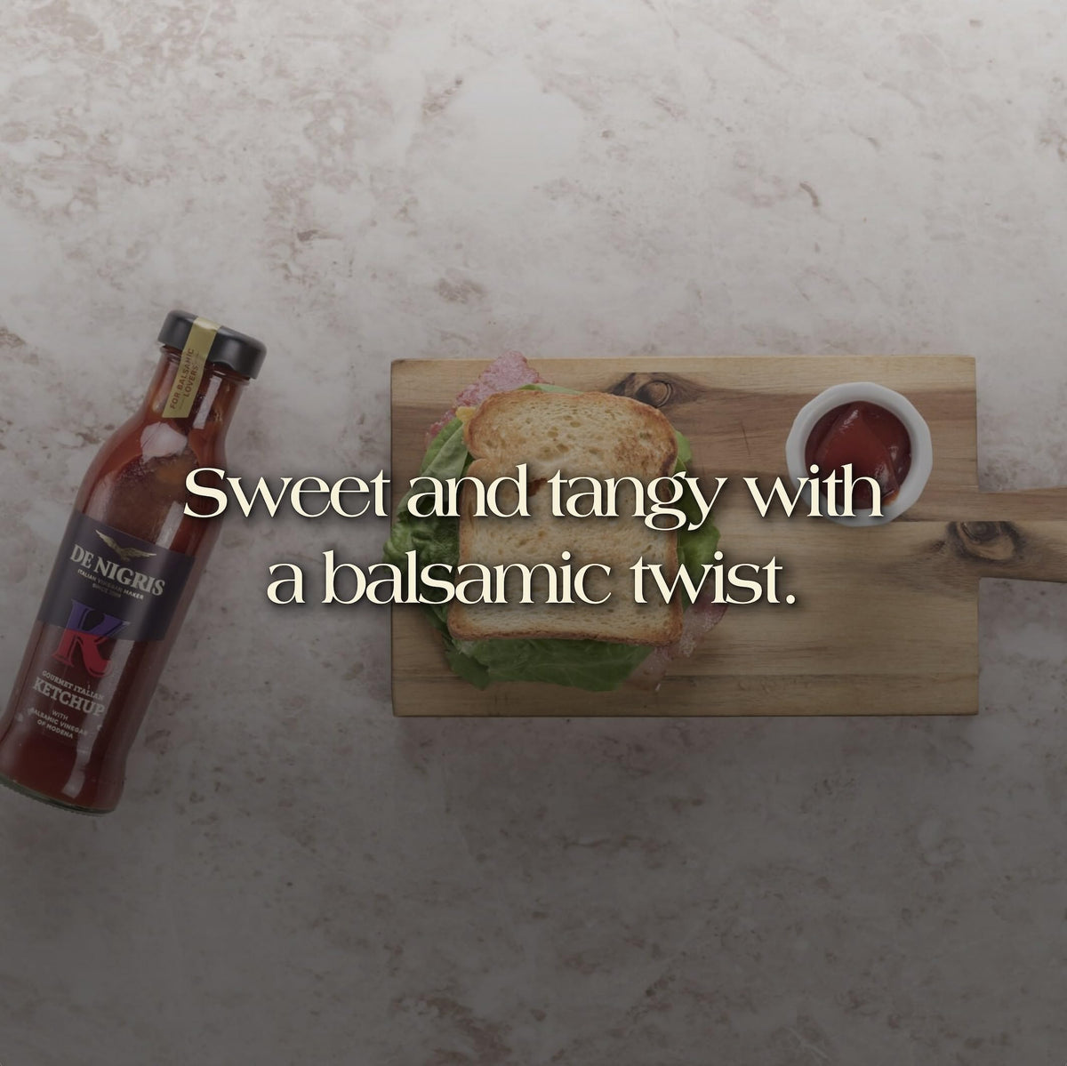Den Nigris Excellence Ketchup label highlights Italy-made craftsmanship.