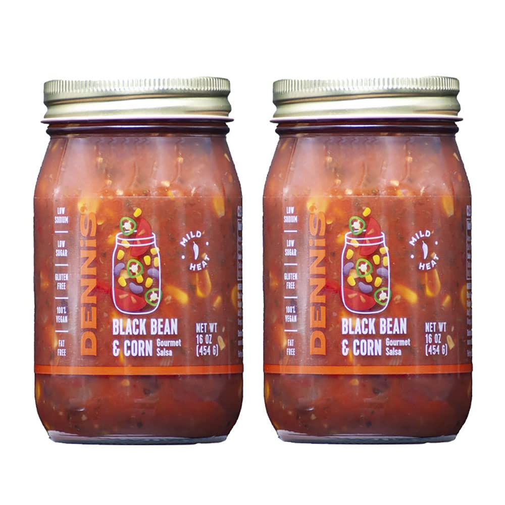 Dennis' Black Bean and Corn Salsa jar close-up, fresh ingredients, perfect with chips.