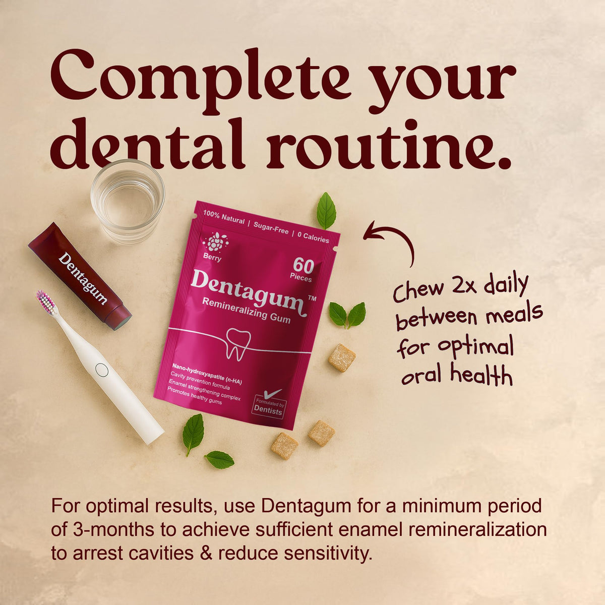Dentagum natural berry flavour with terpenes and a cooling finish.