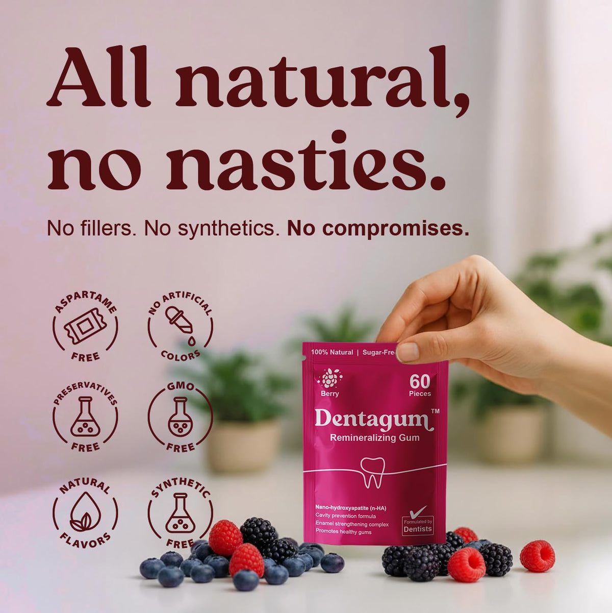 Dentagum pure tree sap gum base shown in natural resin blend.