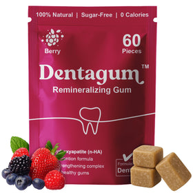 Dentagum remineralizing gum pack shows 60 pieces for after-meal protection.