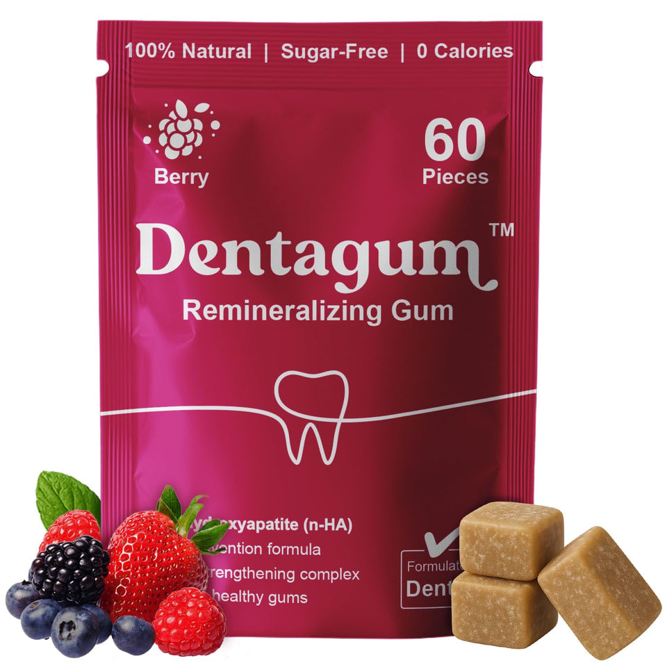 Dentagum remineralizing gum pack shows 60 pieces for after-meal protection.