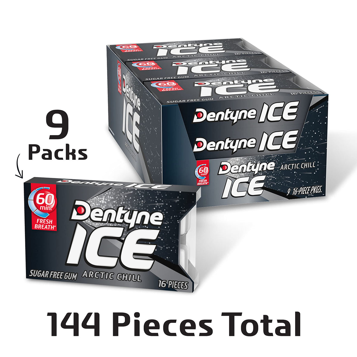 Dentyne Ice Arctic Chill gum piece highlights bite-sized freshness.