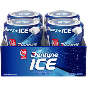 Dentyne Ice Peppermint gum bottle with 60 pieces for quick fresh breath.