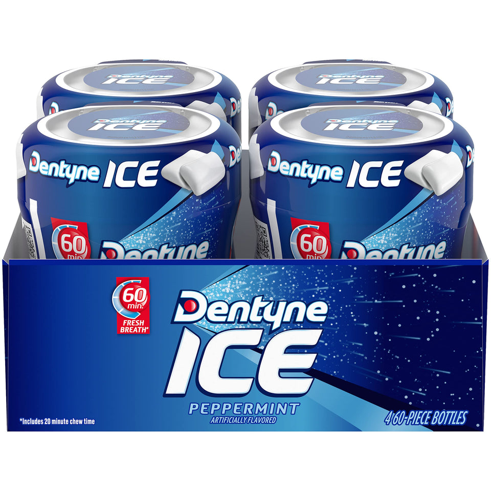 Dentyne Ice Peppermint gum bottle with 60 pieces for quick fresh breath.