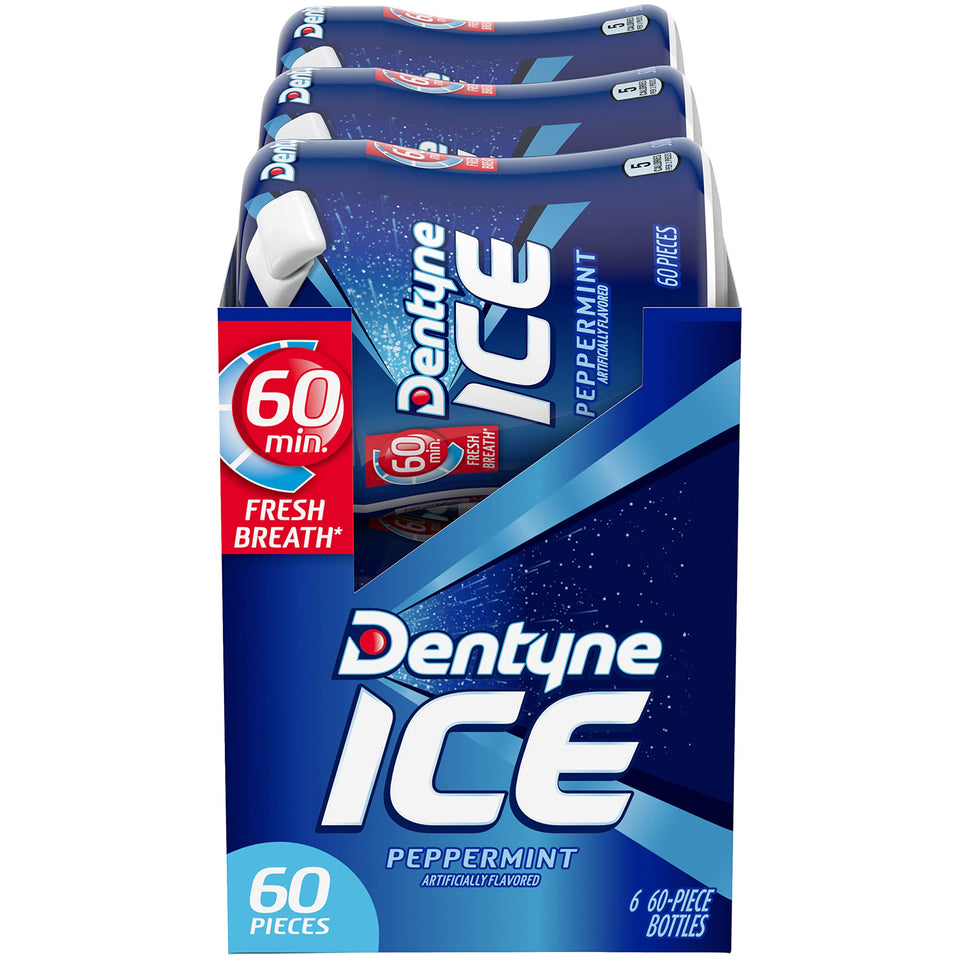 Dentyne Ice Peppermint Gum bottles front view for on-the-go freshness.