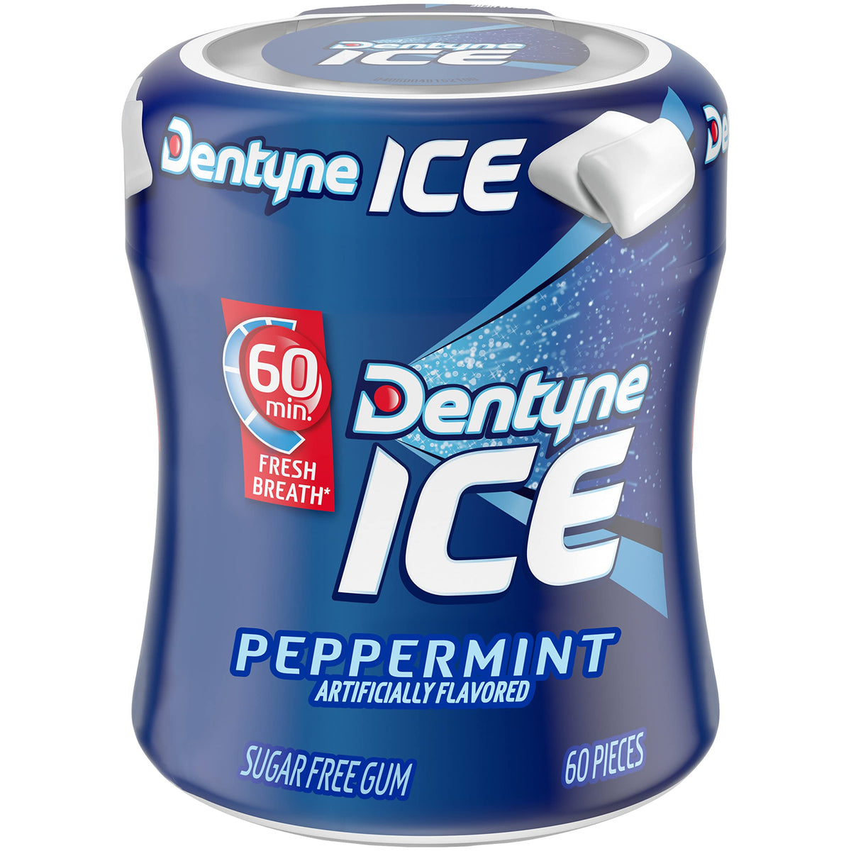 Dentyne Ice Peppermint Gum bottle top view highlights six-bottle convenience.