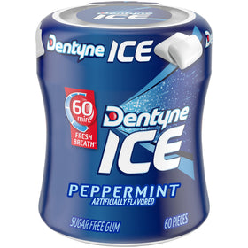 Dentyne Ice Peppermint Gum bottle top view highlights six-bottle convenience.
