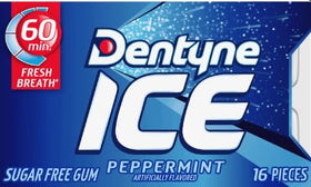 Close-up of Dentyne Ice Peppermint gum candy-coated shell delivering crisp mint.